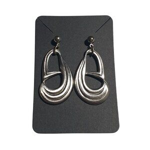 Vintage Silver Dangle Earrings Modern Abstract Tear Drop Design Jewelry 2 Inch